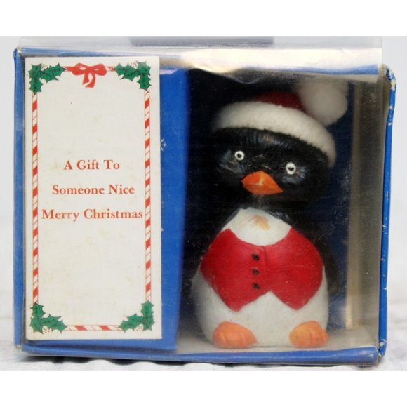 VTG 80s Porcelain Christmas Penguin Ornament Bell Santa Pom-Pom Vest Gift Black - Picture 9 of 12